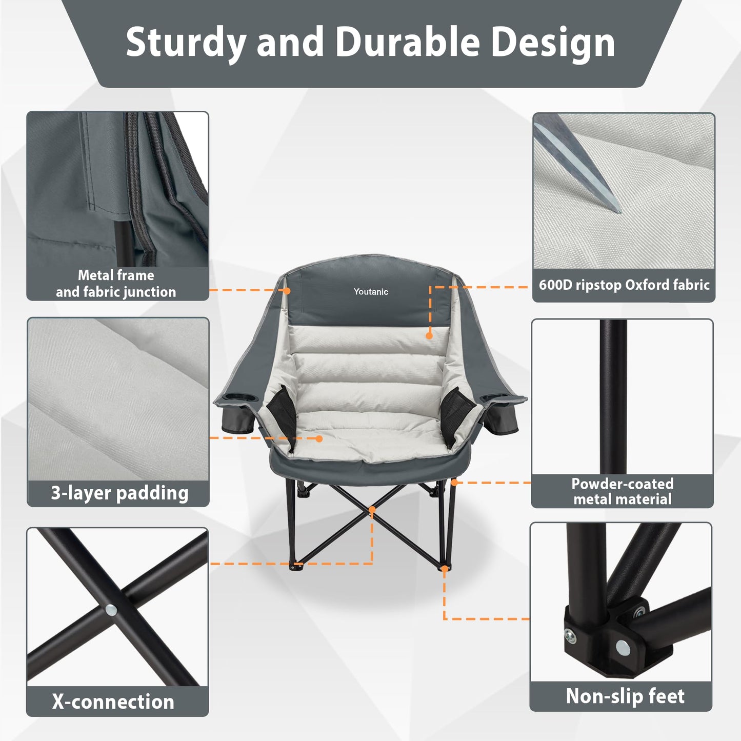 Youtanic Oversized Camping Chair, Portable Folding Camping Chairs with Side Pocket, Cup Holder and Carry Bag, Heavy Duty Outdoor Camping Chairs for Adults, Fishing, Sports, Trip, up to 400lbs, Style 8