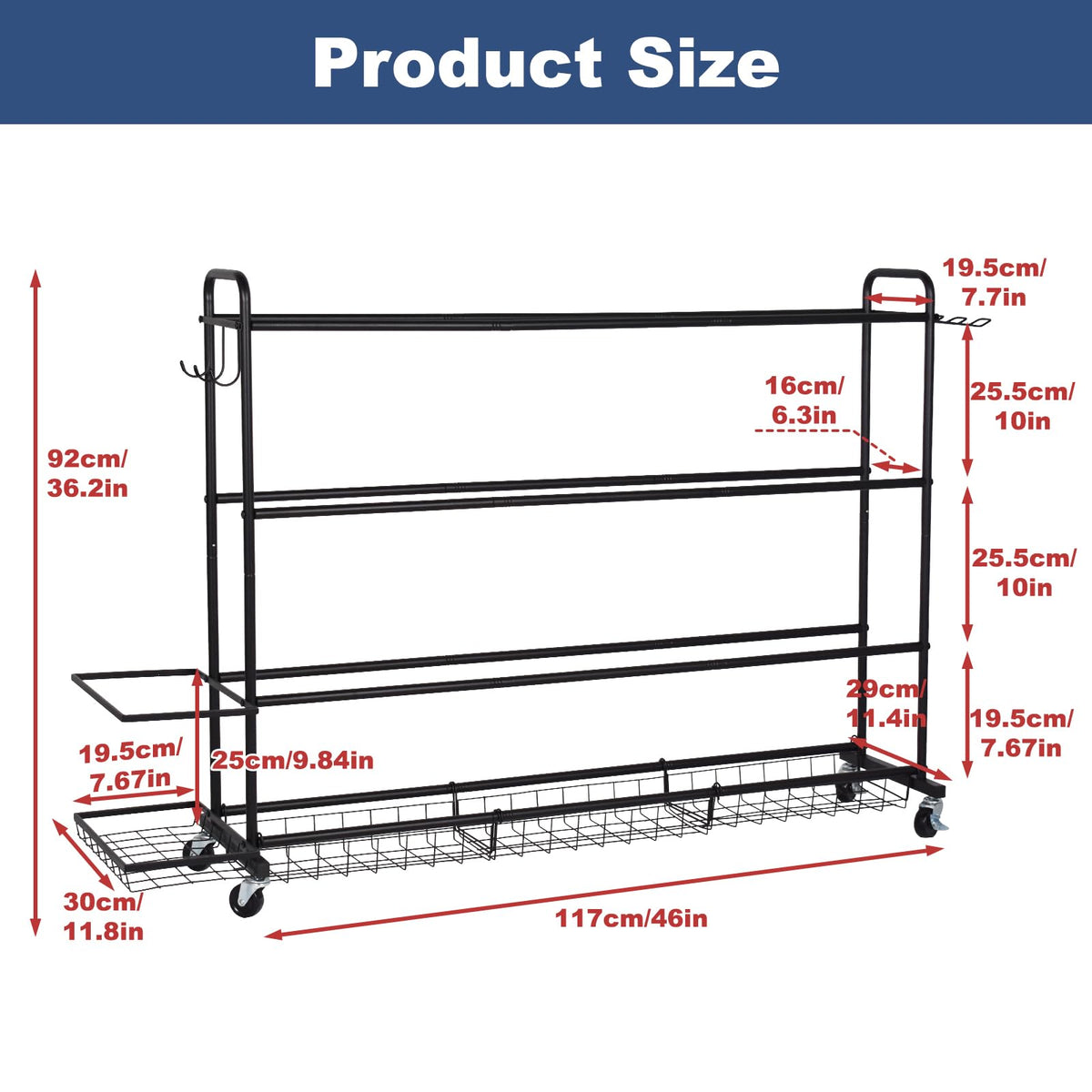ELKCIP Basketball Rack, Shooting Training Rolling Ball Stand, Garage Organizer with Wheels, 4-Layer Sports Equipment Storage Holder with Baskets and Hooks for Soccer Baseball Footballs Volleyball
