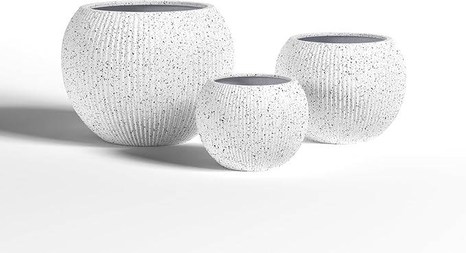 DTY Signature Mount Sherman Modern Indoor Outdoor Fiberstone Sphere Planter, Durable Round Garden Pot, Weather Resistant, Drainage Hole & Rubber Plug,Planter for Christmas Tree (Ribbed White, Large)