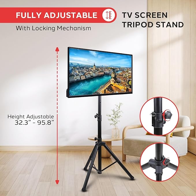 Pyle Premium LCD Flat Panel TV Tripod Stand, Portable & Foldable TV Mount for LCD/LED Flat Screen TVs up to 32", Adjustable Height, 88.8 lbs Capacity, VESA 100x200/200x200 - (PTVSTNDPT3215)
