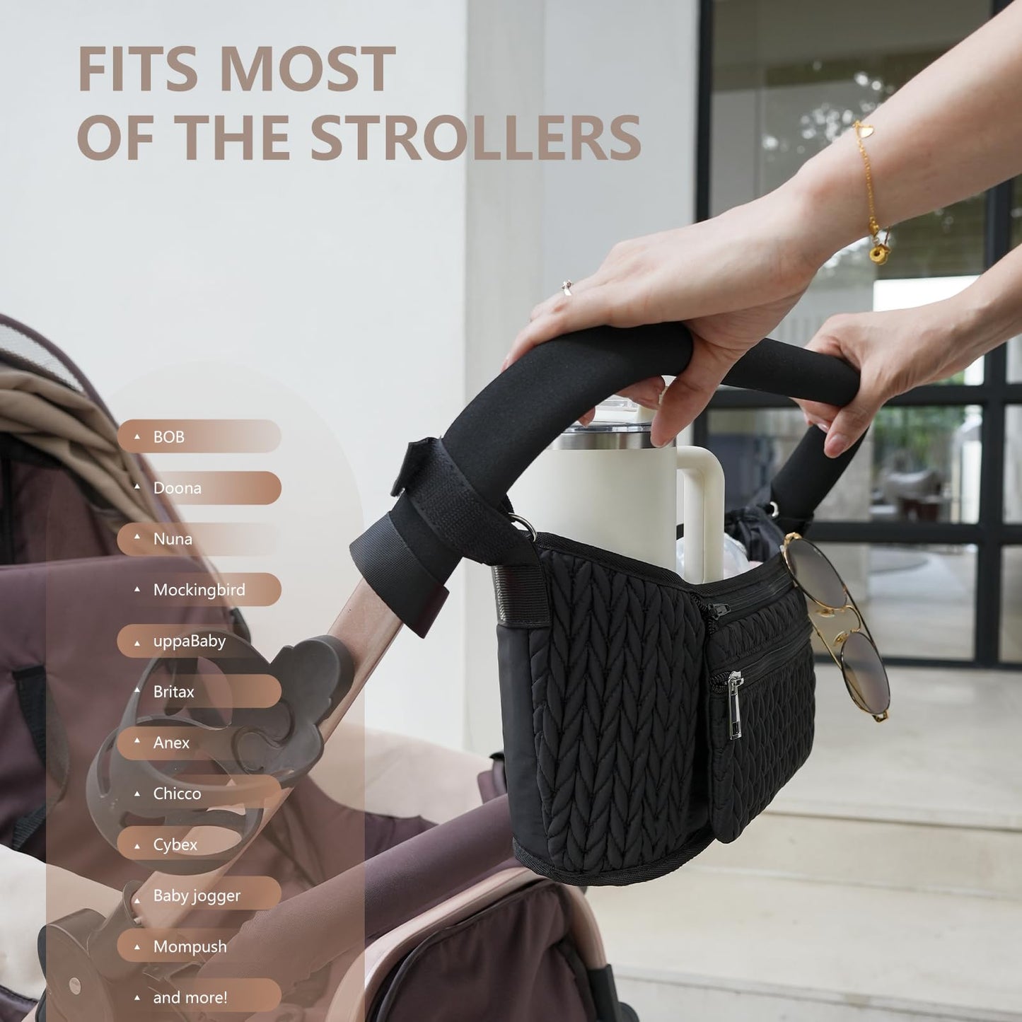 LUKJOJO Stroller Organizer - Stylish 3D Herringbone Quilting Nylon, Universal Fit, Detachable Bag, Adjustable Multi-Storage for Baby Essentials