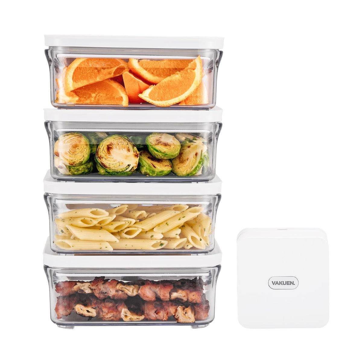 VAKUEN Premium Airtight Food Storage Container. Meal Prep 0.85qt 5pc/Set. 4pcs Container and Vacuum Sealer. Patented Double Silicone Lining, 100% Leak Proof, BPA-FREE