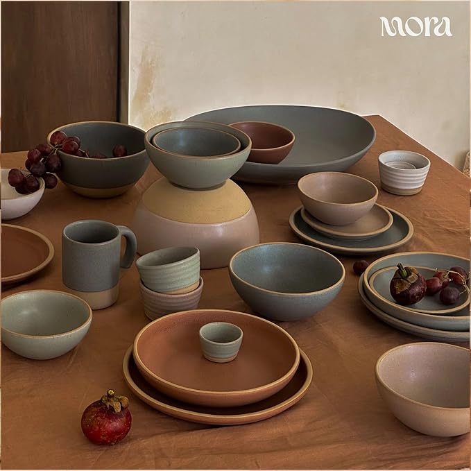 MORA Medium Dishes Set of 4, 30oz Ceramic Pottery Pasta Plate/Wide Bowls - Microwave, Oven and Dishwasher Safe - Harvest