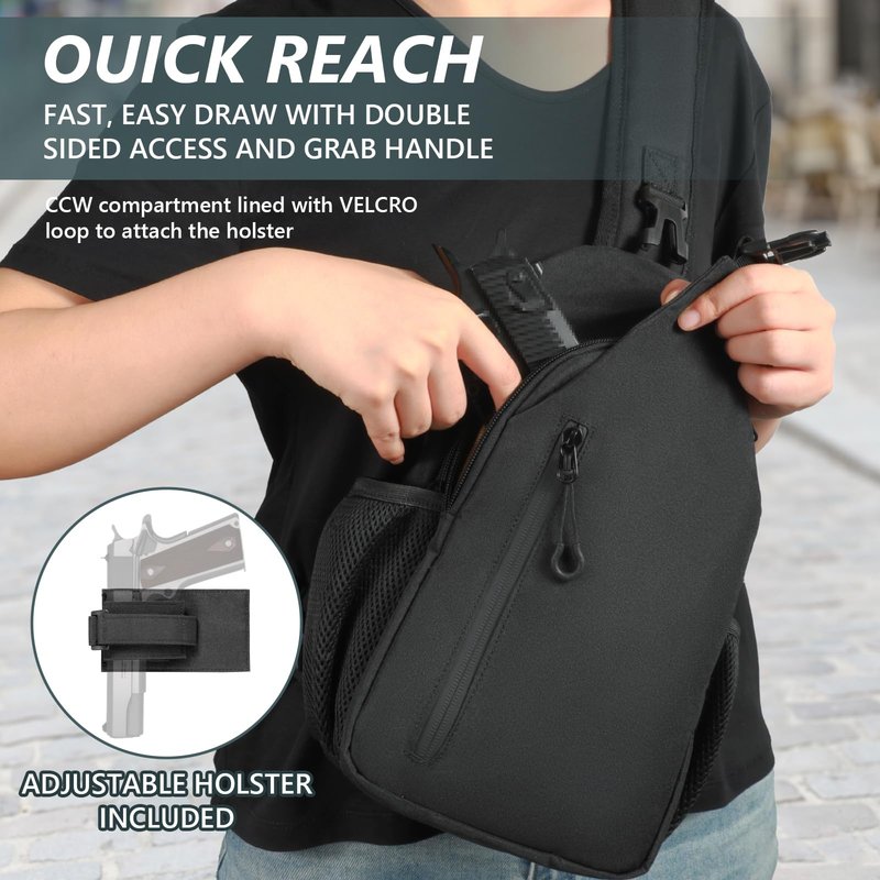 LarKoo CCW Sling Chest Bag - Tactical Crossbody Backpack for Concealed Carry with Hidden Holster Compartment | Mid-Zip Gun Pocket, Water-Resistant