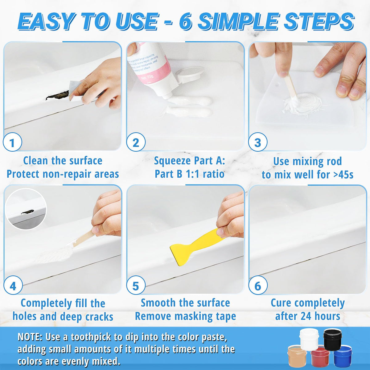 Bathtub Repair Kit 4.94oz (Color Match), TUFINEIN Porcelain Repair Kit for Fiberglass, Enamel, Ceramic, Acrylic Repair and Fix Chips, Cracks, Scratches, Holes on Tub/Tile/Sink/Shower Tray/Shower