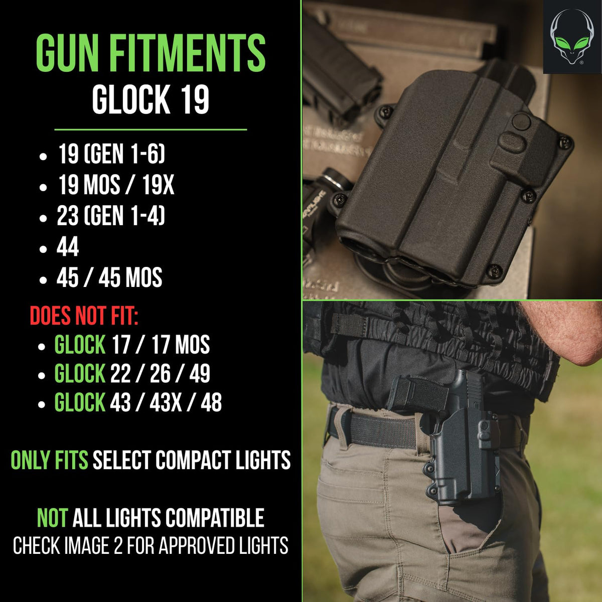 Alien Gear Rapid Force Level 2 Holster – Glock 19/19X/19 MOS/23 (Gen 1–4)/44/45/45 MOS – Right Hand – Compact Light – Locking Belt Slide – Optic Compatible – Made in USA