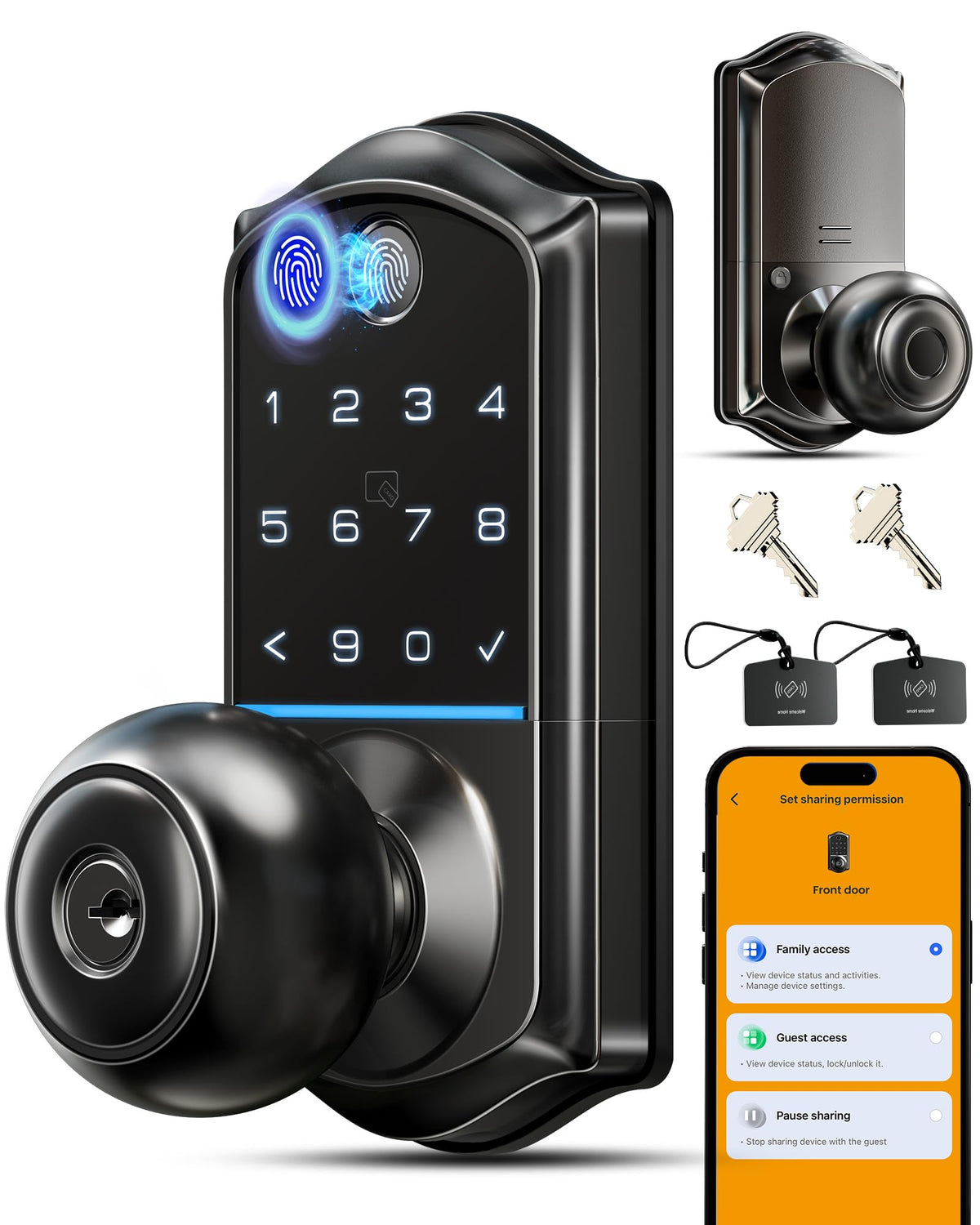 Veise VE018 Smart Knob Handle Lock - Fingerprint, App Control, Keyless Entry for Front Door and Bedroom, Electronic Digital Keypad, Auto Lock, Remote Access Sharing, Easy Installation, Matte Black
