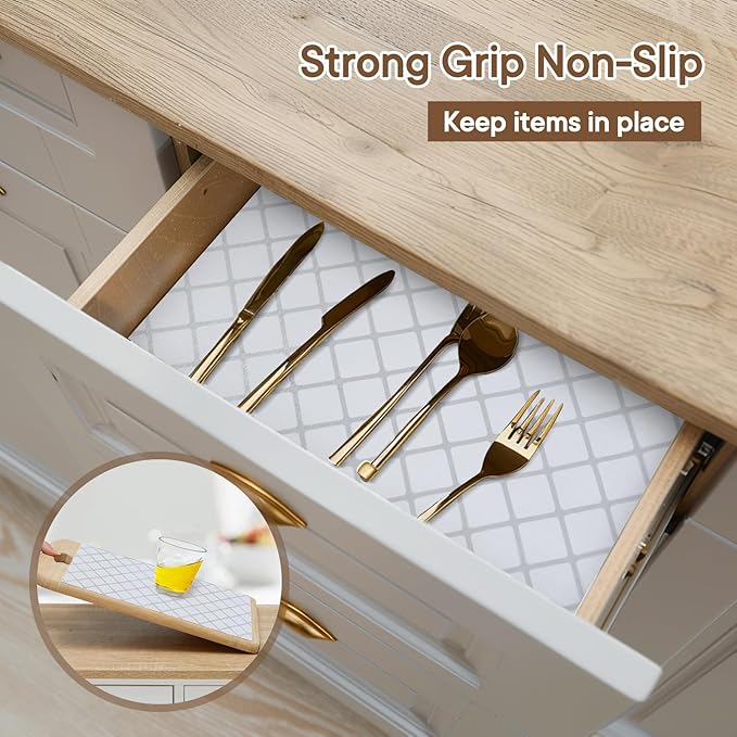 Shelf and Drawer Liner for Kitchen Cabinets Non-Adhesive, Strong Grip Non-Slip Thickened Cabinet Liners for Shelves, Waterproof Mats for Dresser Cupboard, Silver Stripe, 24 in x 30 Feet