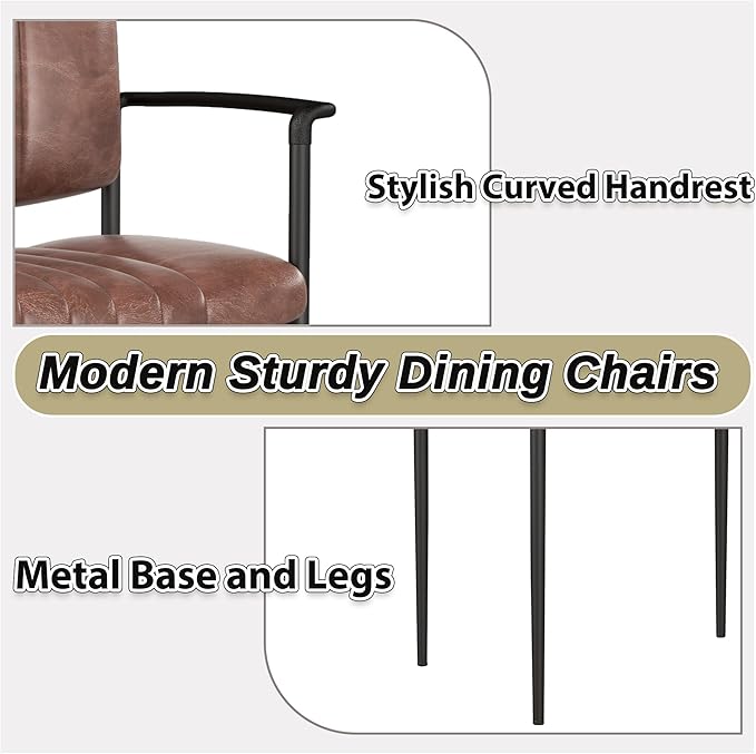 Mid-Century Modern PU Leather Dining Chairs Set of 2, Upholstered Kitchen Chairs with Arms and Metal Legs Adjustable Feet for Kitchen Dining Room(Brown)