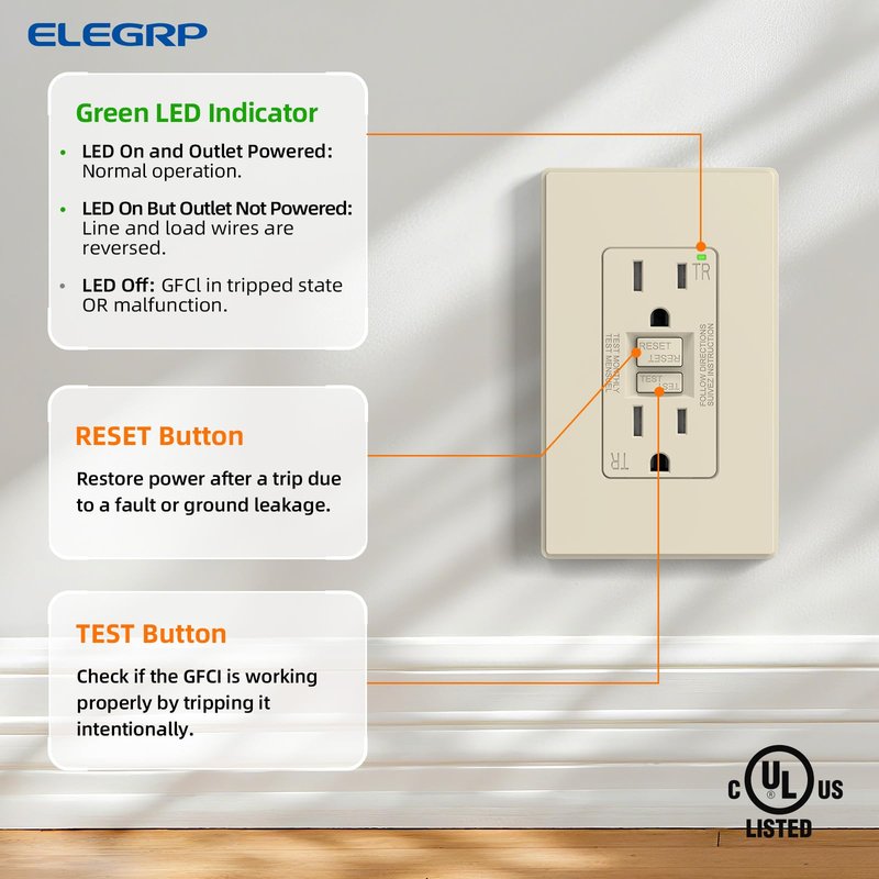 ELEGRP GFCI Outlet 15 Amp, Self-Test GFI Electrical Outlet with Thinner Design, TR Tamper Resistant GFCI Receptacle, Ground Fault Circuit Interrupters with Wall Plate, UL Listed, Light Almond, 6 Pack