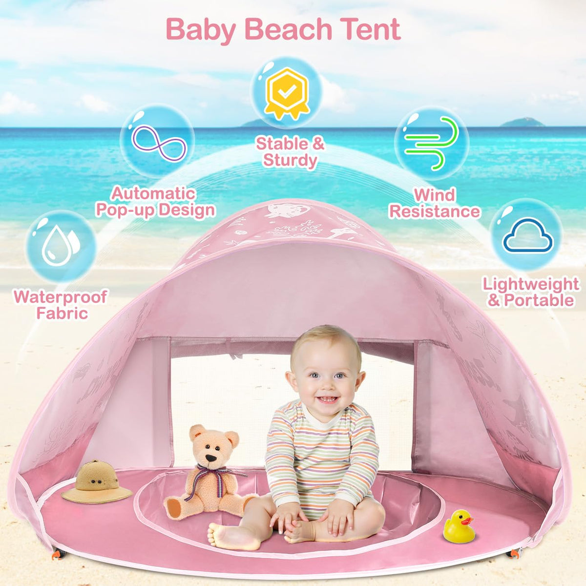 Zooawa Baby Beach Tent, Pop Up Beach Tent Sun Shade, Portable Shade Pool UV Protection Sun Shelter for Infant with Sand Toys Set, Light Pink