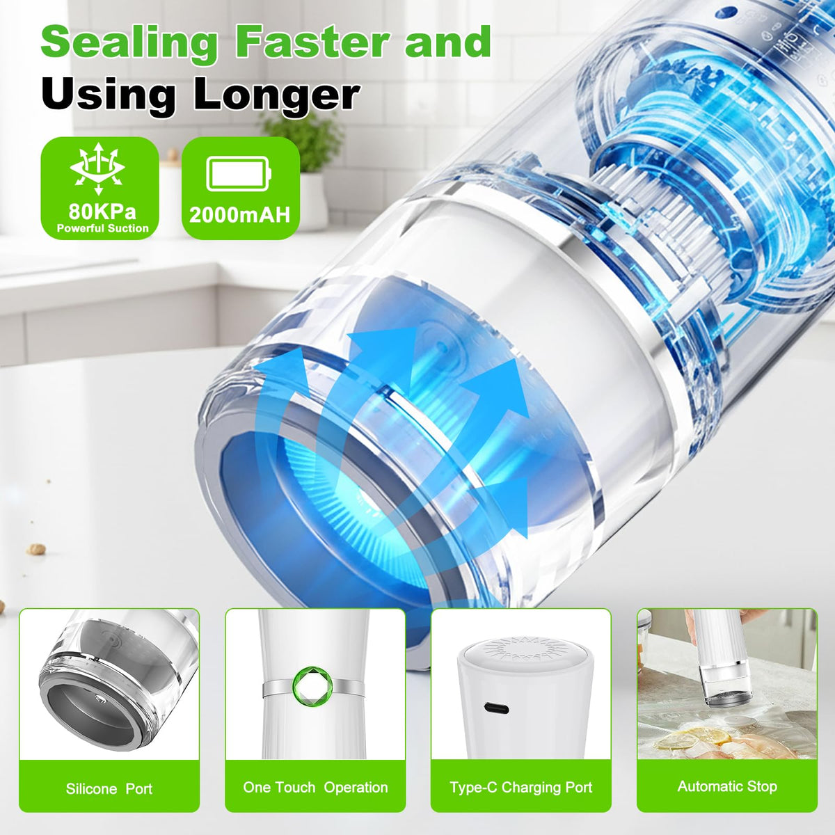 Jexqizy Vacuum Sealer for Food (Compact Vacuum Sealer Machine + 40 Reusable Vacuum Bags), Powerful 80Kpa Portable Vacuum Sealer for 10X Preservation & Fresh, Handheld Vacuum Food saver