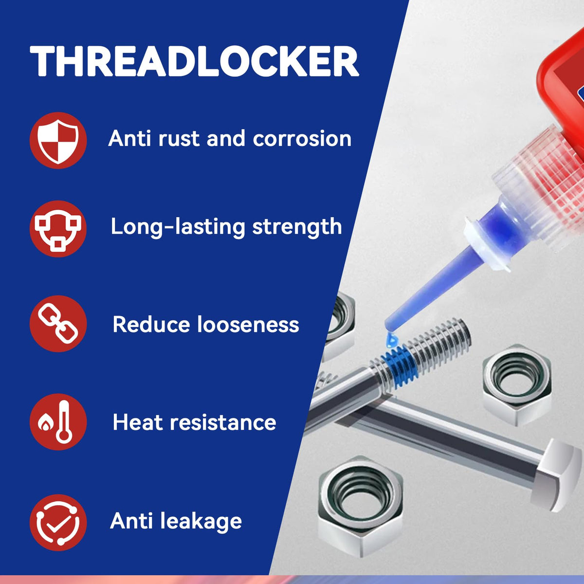 Thread Lock Blue and Red, Threadlocker Medium and High Strength, Thread Locker for Nuts, Bolts, Fasteners and Metals, Against Losening and Leakage (50 mlx2)