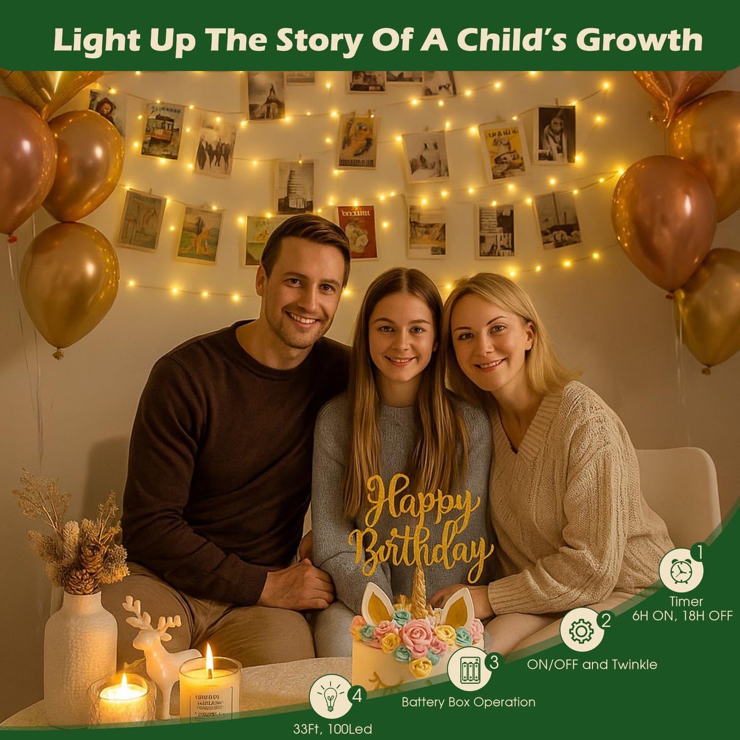 Photo String Lights with Clips for Hanging: 33Ft 100LED & Timer Fairy Light with 50 Clear Clip for Picture Display - Indoor Bedroom Room Dorm Wall Decor - Christmas Party Wedding Romantic Lighting