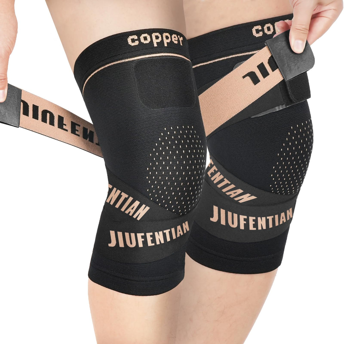 JIUFENTIAN Knee Support for Women and Men with Strap (2pack) Copper Knee Brace for Women Arthritis Pain-Knee Sleeves for Working Out,Running and Knee Pain Relief(Large)