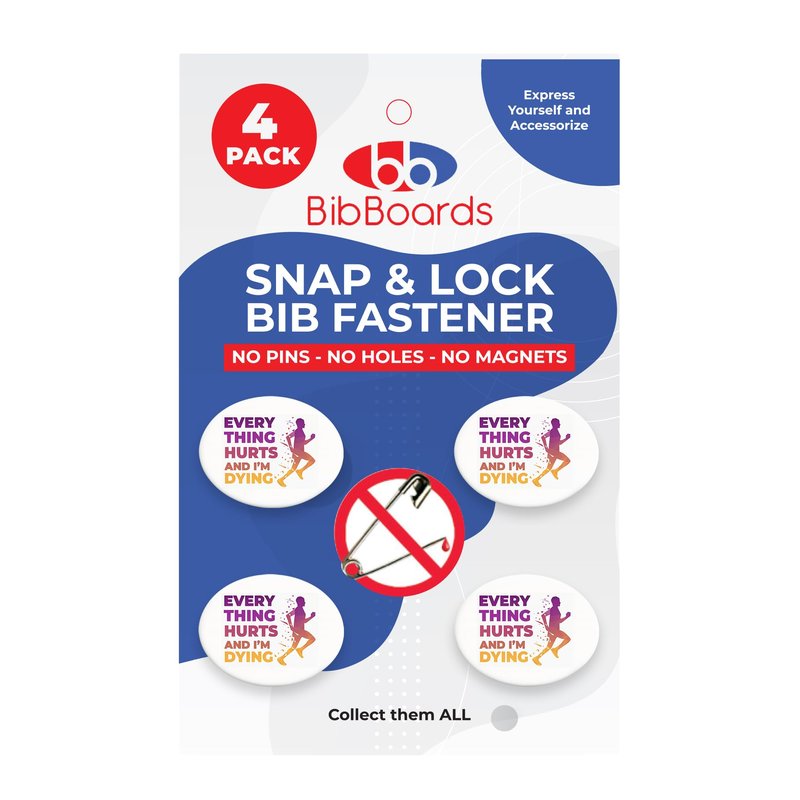 bibSNAPS Race Bib Clips - Safety Lock Fasteners - Secures Running, Marathon, Cycling & Event Number, Non Magnetic, Easy to Use, Soft & Reusable - Replacement for Pins & Magnets, Everything Hurts(4pcs)