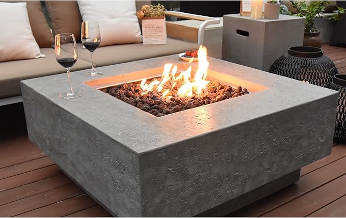 Elementi Manhattan Concrete Fire Pit 36" x 36" Outdoor Patio Firepit Includes Lava Rocks Modern Fire Pits & Outdoor Fireplaces for Garden, Deck, Indoor & Outdoor Heating