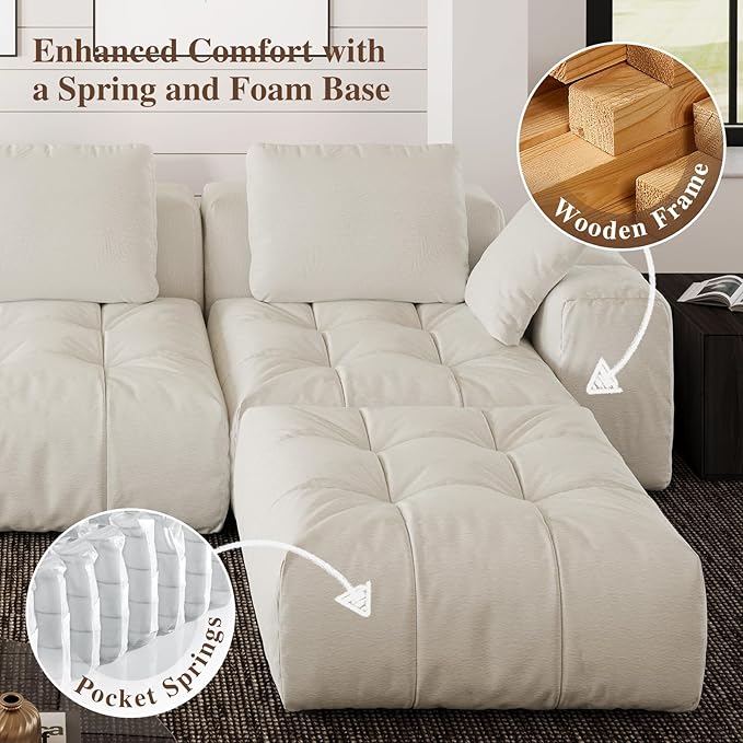 Cloud Sectional Couches, Comfort Linen Loveseat Modular Sofas with Wide Deep Seat, Down Filled Modern Upholstered Sofa Couch for Living Room, Apartment,Cream White
