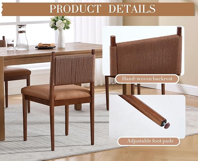 CIMOTA Brown Faux Leather Dining Chairs Set of 6, Mid Century Modern Upholstered Dining Room Chairs with Woven Back, Armless Kitchen Chairs with Walnut Solid Wood Legs, PU