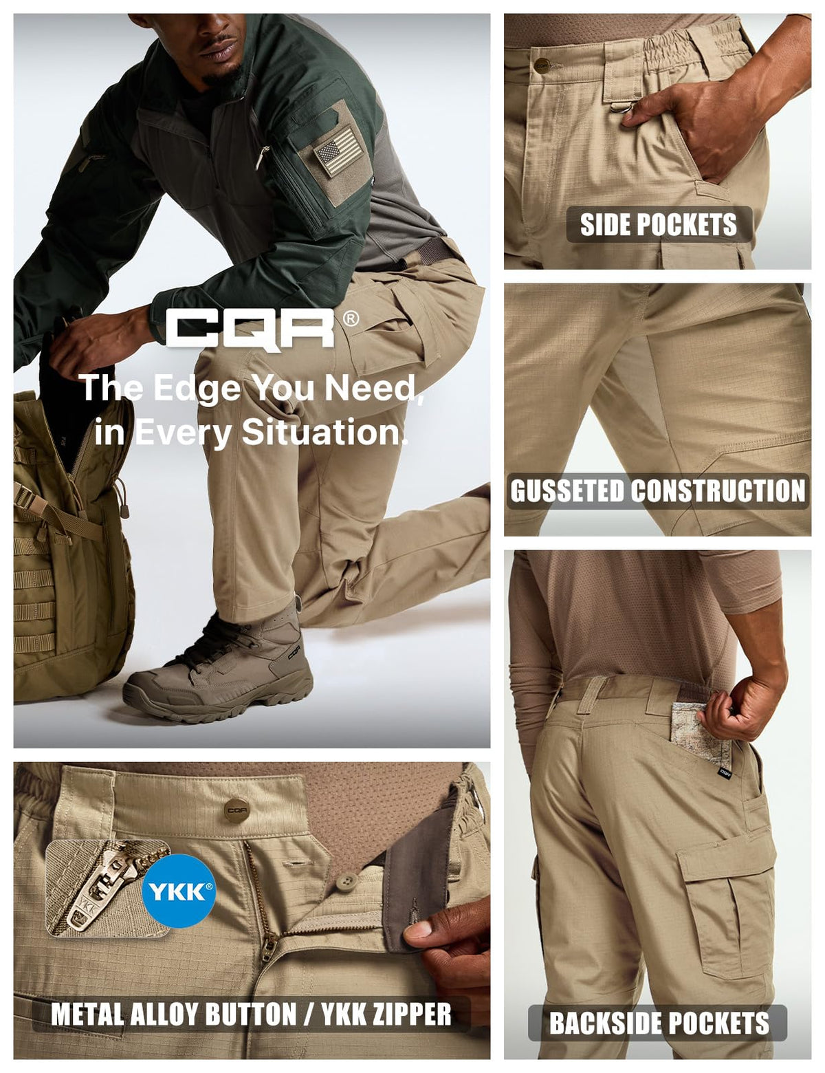 CQR Men's Tactical Pants, Water Resistant Ripstop Cargo Pants, Lightweight EDC Work Hiking Pants, Outdoor Apparel, Raider Mag Pocket Khaki, 32W x 30L