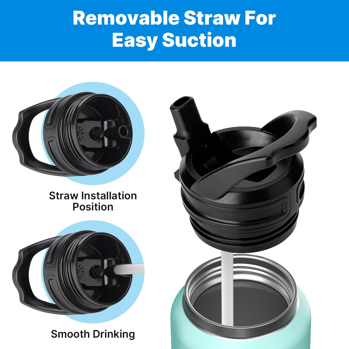 Bluwing Straw Lid for Yeti Rambler Water Bottle 18 26 36 64 oz, Replacement Lid with Handle and Straw for YETI Rambler Jr. 12 oz Bottle, BPA Free