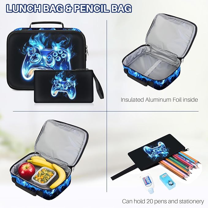 School Backpacks for Boys - 4pcs Gamer Boys Backpacks with Lunch Box Set for Kids Teens Elementary Middle School, 17″ Large Capacity Students Bookbag, Perfect for Travel