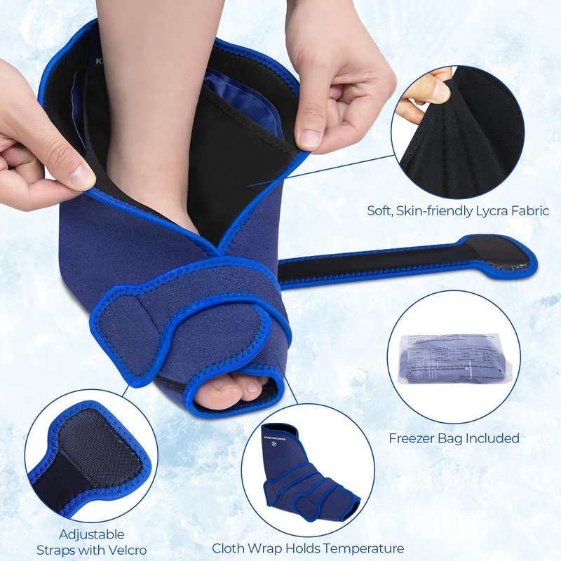 KingPavonini Ankle Foot Ice Pack Wrap for Sprained Ankle/Surgery Recovery, Reusable Gel Ice Packs for Feet Injuries, Plantar Fasciitis, Achilles Tendonitis, Hot/Cold Therapy, XL (1 Wrap+4 Gel Packs)
