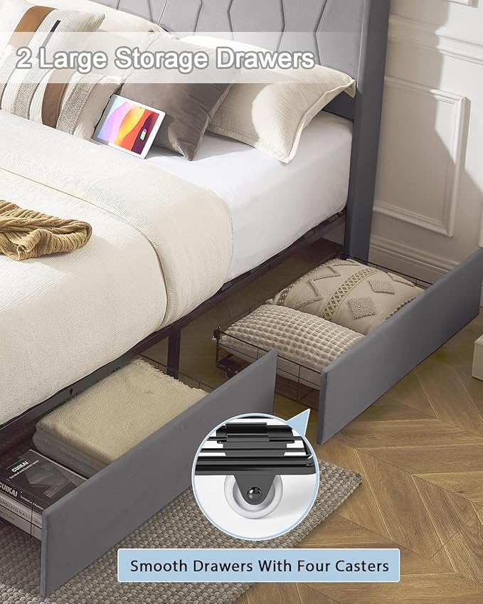 King Size Bed Frame, Velvet Upholstered LED Platform Bed with Headboard Storage, Bed Frame King Built-in Charging Station with 4 Drawers, Wood Slat Support, No Box Spring Needed, Grey