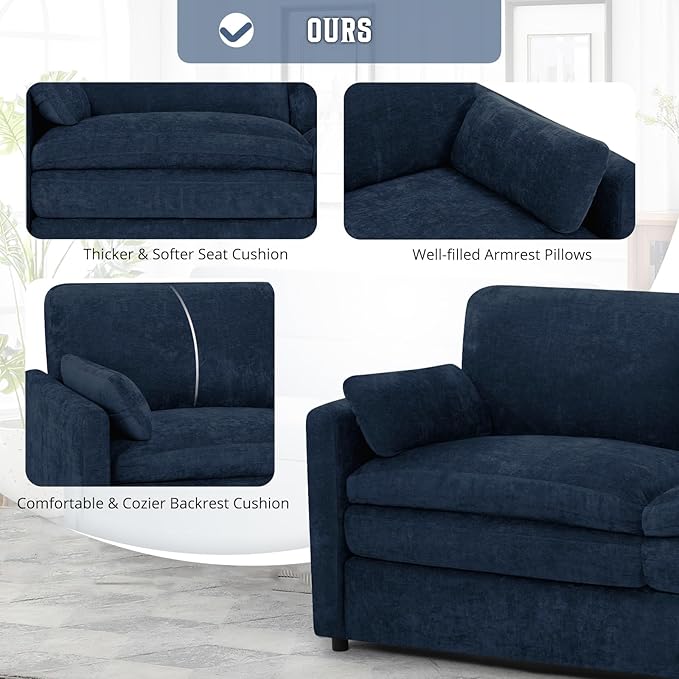 89" Chenille Soft Sofa w/Well-Filled Backrests, Modern Couch w/Plump Pillows, 3 Seater Upholstered Couch w/Thick & Comfy Cushions for Living Room, Bedroom, Blue