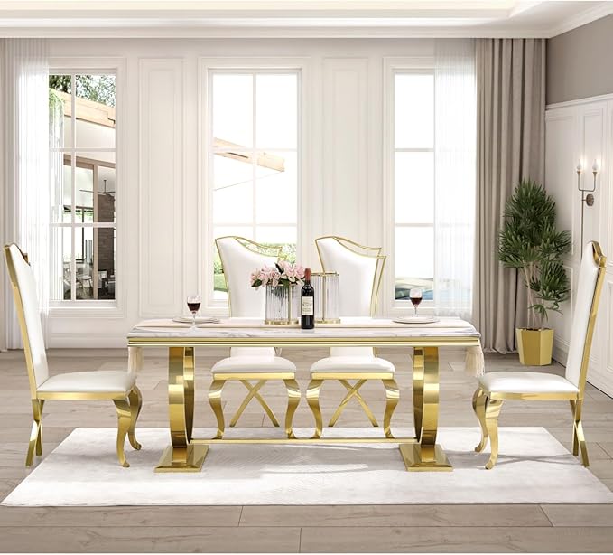 White and Gold Dining Chairs Set of 8, White PU Leather Dining Room Chair with Gold Polished Metal Legs, Glam Upholstered Kitchen Chairs for Dining Room, Kitchen, Living Room