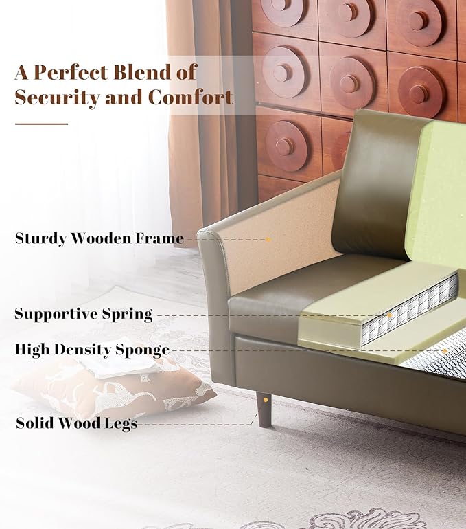 Kingfun Faux Leather 3 Seat Couch Set for Living Room, Mid Century Modern Sofa with Rolled Arms and Deep Seats, Fluffy Comfort for Apartment, Easy to Assemble, Olive Green
