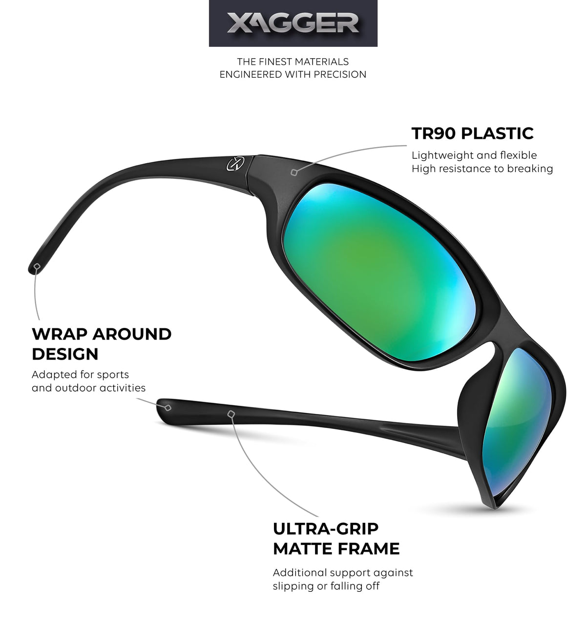 Xagger Polarized Wrap Around Sport Sunglasses for Men Women Running Driving Fishing TR90 Frame