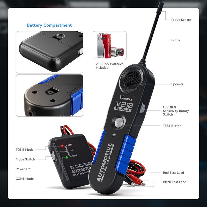 VDIAGTOOL V210 Wire Tracer Electrical Tester Automotive Open & Short Finder Circuit Tester, Circuit Breaker Finder, Broken Wire Detector Tool DC 6-42V with 7" Flexible Probe