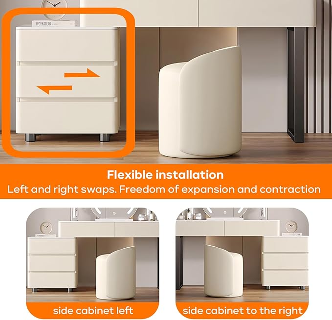 Solid Wood Vanity Desk, Modern Makeup Vanity with Drawers & Rock Slab Countertop and LED Light Mirror, Simple Dressing Table with Makeup Stool for Bedroom(Orange)