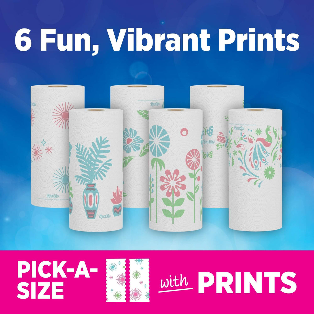 Sparkle Pick-A-Size Paper Towels, Spirited Print Design, 6 Double Rolls (660 Sheets Total) - Strong 2-Ply Towels for Kitchen Cleanup and Everyday Messes