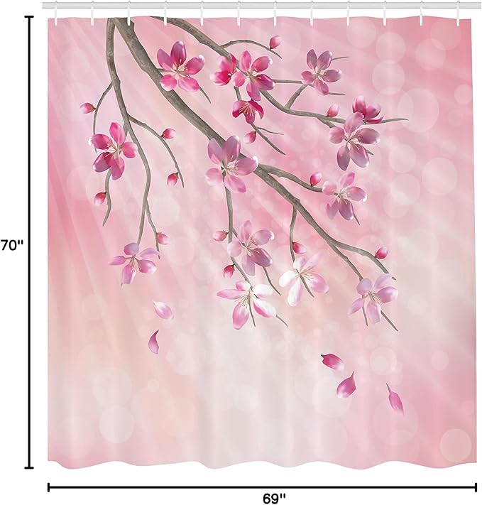 Ambesonne Nature Shower Curtain, Illustration of Spring Tree Branch with Blossoms Sun Beams on Blurred Background, Cloth Fabric Bathroom Decor Set with Hooks, 69" W x 70" L, Pink Fuchsia