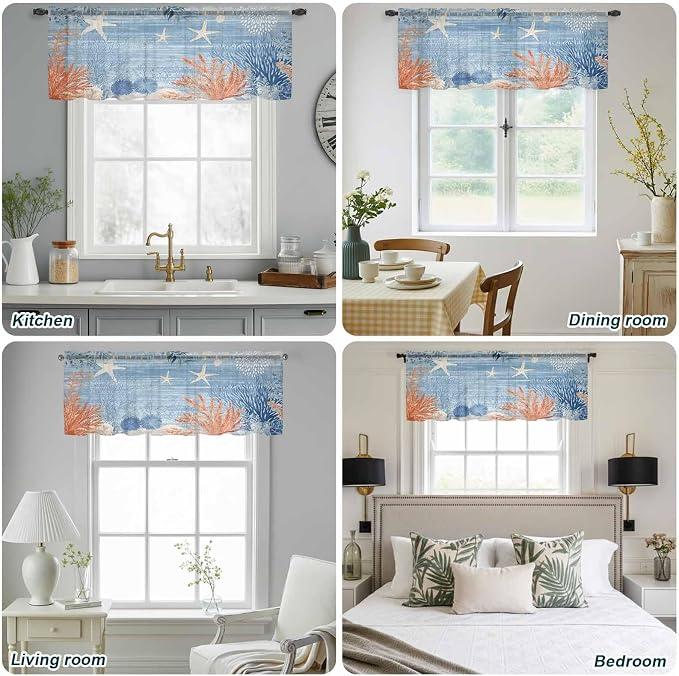 Ocean Corals Sheer Valance Curtains, Summer Beach Coral Sea Stars Blue Stripes