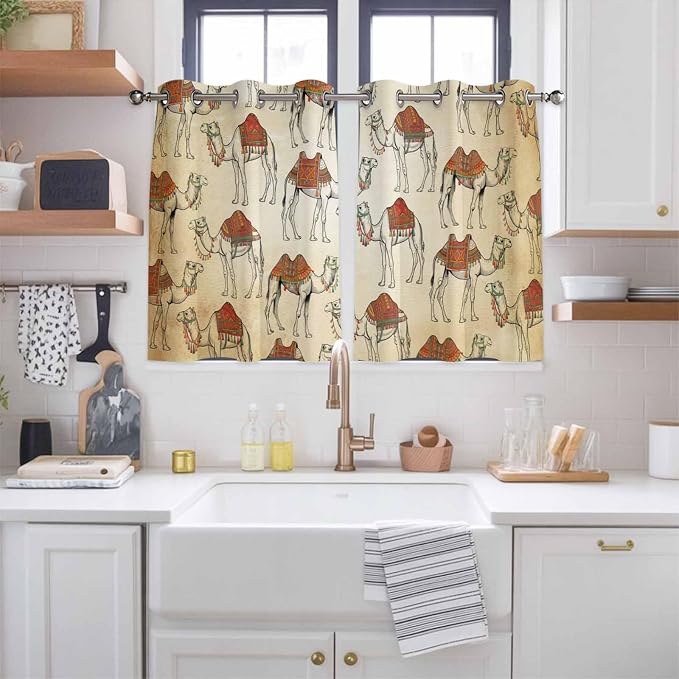 2 Panel Kitchen Cafe Curtains, Desert Sand Camel Sunlight Filtering Nature Air