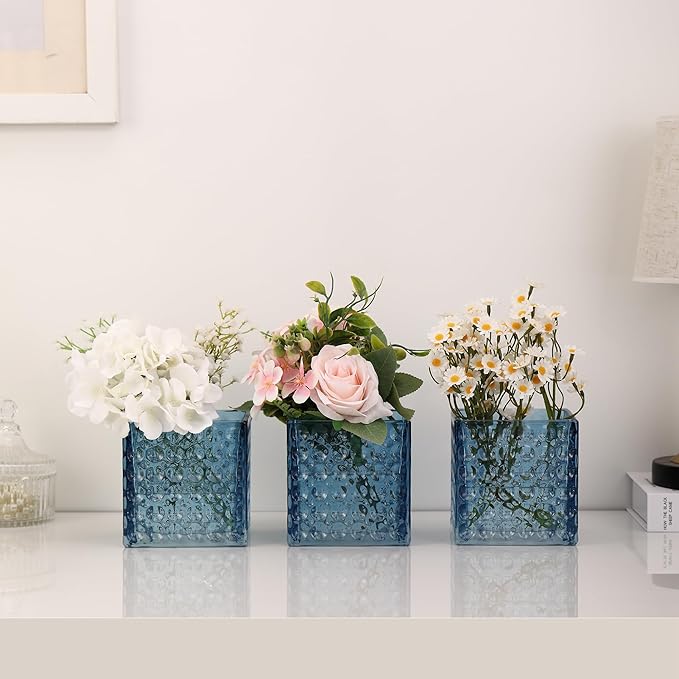 Square Vases Set of 6, 5" x 5" x 5" Square Glass Vases for Flowers, Blue Flower Vase for Centerpieces, Small Bubble Vase for Wedding, Party, Home, Office, Parties, Events