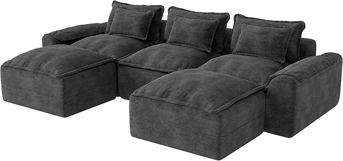 Hobestluk 120" Cloud Modular Sectional Couch 3-Seater Sofa with Ottomans U Shaped Couch Deep Seat Sofa with Removable Cover Large Sofa for Living Room (Dark Grey, 3-Seater Sofa with Two Ottomans)