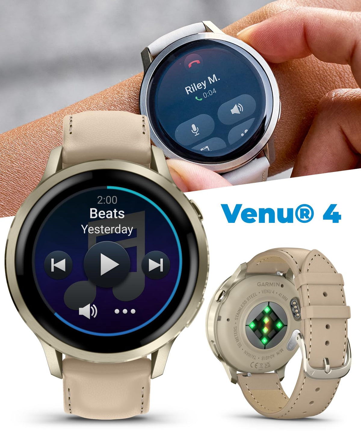 Garmin Venu 4 41mm AMOLED Advanced Health & Fitness GPS Smartwatch, Bright & Colorful Display, Built-in Flashlight, Up to 10 Days, Lunar Gold w/Bone Silicone Band w/Wearable4U Black Earbuds Bundle