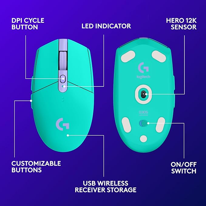 Logitech G305 Lightspeed Wireless Gaming Mouse, Hero Sensor, 12,000 DPI, Lightweight, 6 Programmable Buttons, 250h Battery, On-Board Memory, Compatible with PC, Mac - Mint