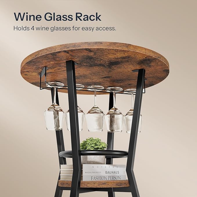 HOOBRO Round Bar Table, 2-Tier Counter Height Pub Table with Wine Glass Holder, Industrial Cocktail Table, for Small Space, Tavern, Living Room, Dining Room, Patio, Rustic Brown and Black BF62BT01G1