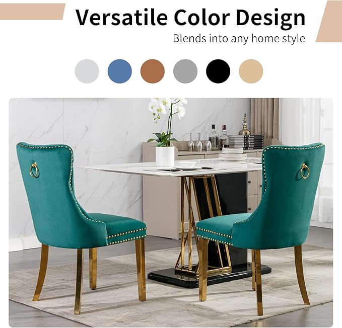 Luxury Upholstered Dining Chairs Set of 8, Green Kitchen Chair with Golden Metal Legs, Velvet Tufted Back Dining Chair, Sillas de Comedor, Modern Kitchen & Dining Room Chairs (Green, 8 Pcs)