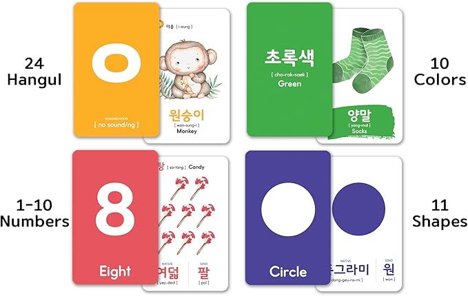 2-Pack Gift Set Korean Alphabet Flashcards for Toddlers, Preschoolers & Beginners | Hangul, Numbers, Colors, Shapes, + 196 Common Household Items Vocabulary