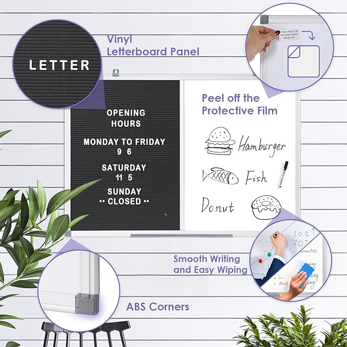 S SWANCROWN Felt Board White Board Combo/Letter Board/Dry Erase Whiteboard for Office, Classroom Home, Black, 24x18 Inch