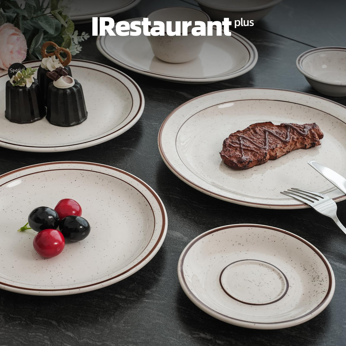 IRESTAURANT PLUS Stoneware Narrow Rim Brown Speckle, Plate 6.5", Case of 36