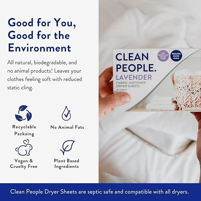 The Clean People Fabric Softener Sheets - Dryer Sheets - Softens & Removes Static Cling - Vegan Laundry Softener, Essential Oils - Lavender 240 Pack
