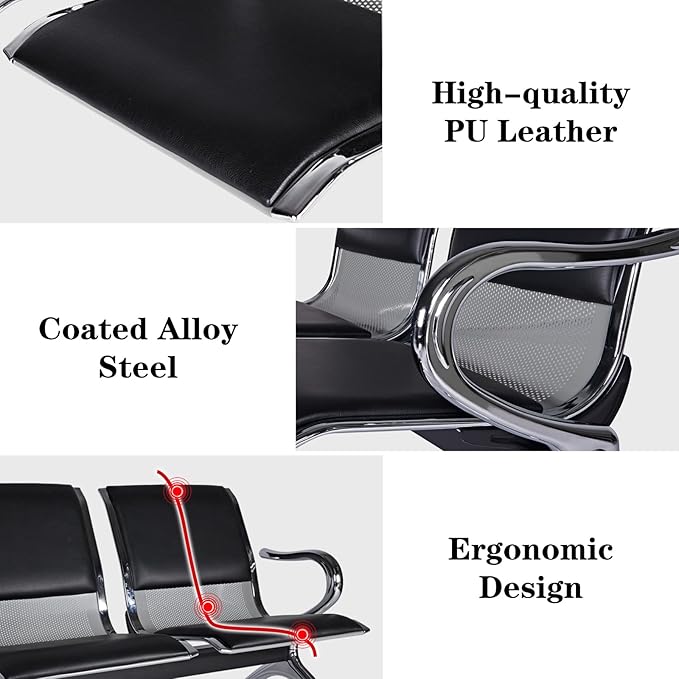 Kinfant 3-Seat Waiting Room Bench Set - PU Leather Office Chair Guest Reception Waiting Room Chair for Airport, Hospital, Bank, Salon, Barbershop(Black, Set of 2)