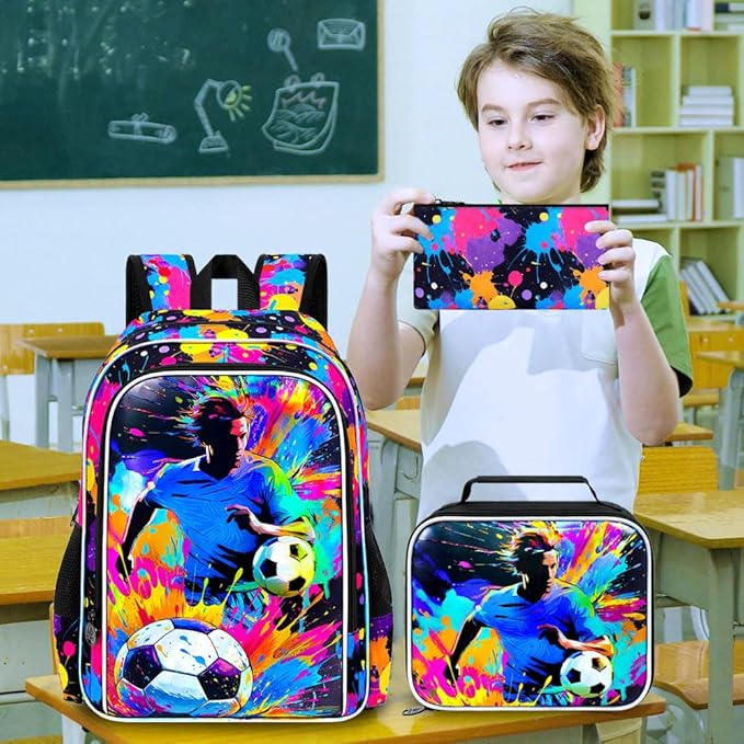 KLFVB 3PCS Backpack for Boys, 17" Kids Football Bookbag and Lunch Box, Water Resistant Teenagers School Backpacks for Middle Elementary - Spray-Paint Soccer
